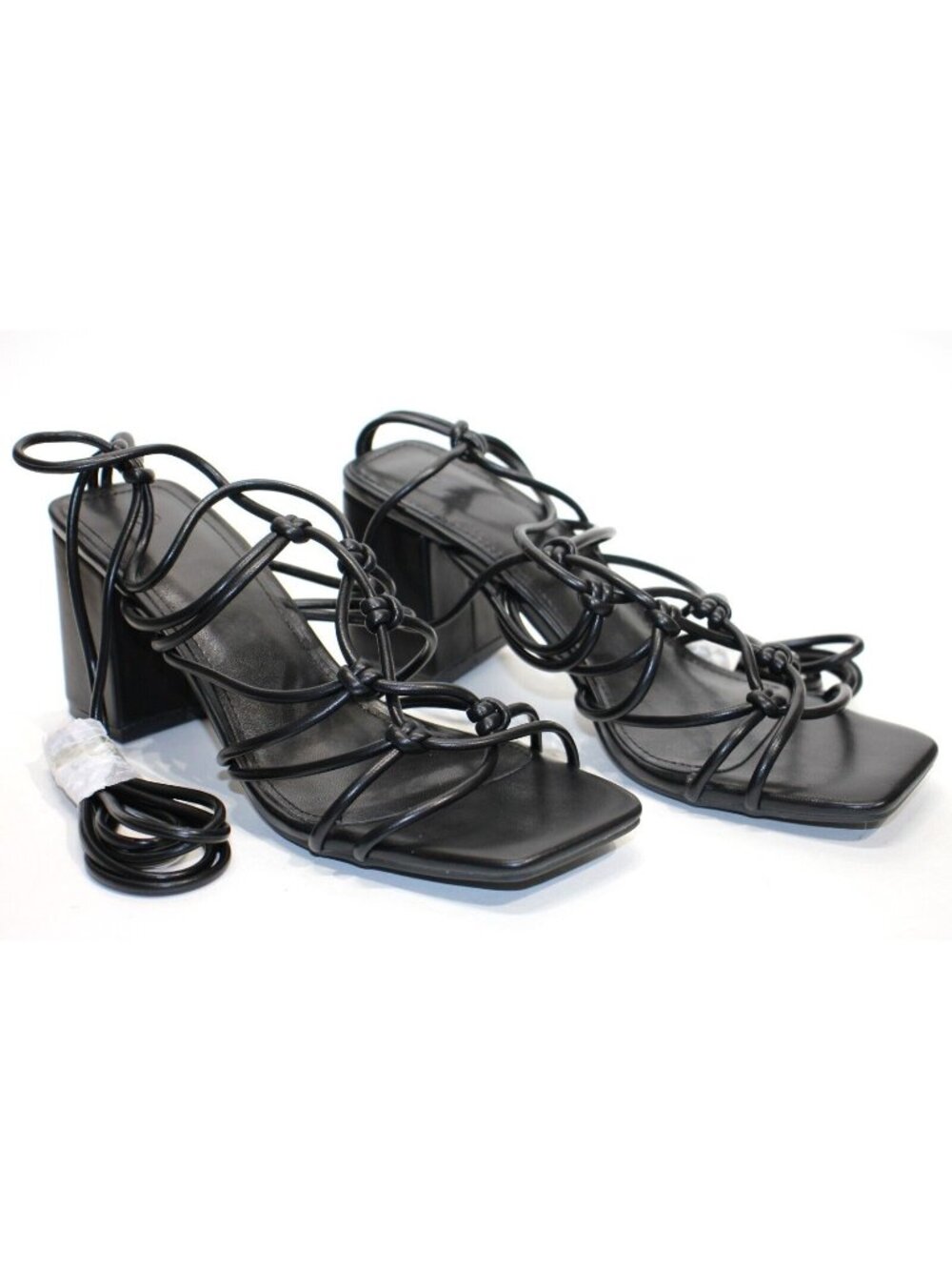 Open Toe Lace Up Chunky High Heel Strappy Gladiator Ankle Wrap Sandals Black 7.5